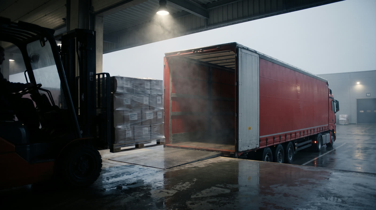 An der Laderampe belädt ein Gabelstapler einen roten LKW, die Auflieger-Türen schließen gleich