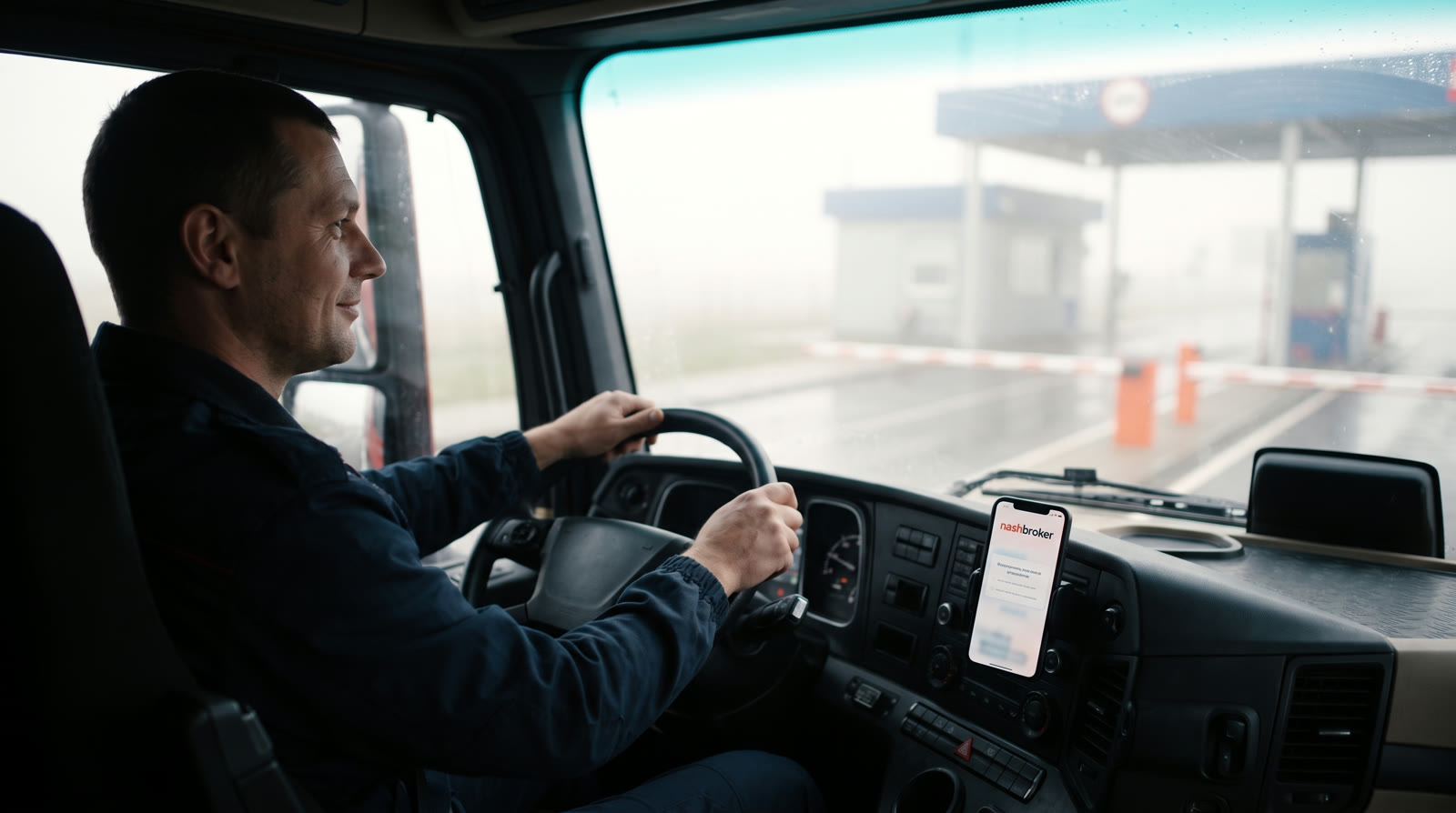 Der entspannte Fahrer in der Kabine schaut auf die NashBroker-Anweisung; die Schranke ist offen, der LKW fährt auf das Zollgelände