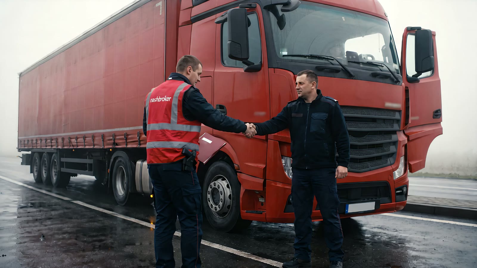 Ein Zollbeamter übergibt dem Fahrer die rote Dokumentenmappe; Händedruck, der LKW fährt durch die Schranke in den Nebel hinaus
